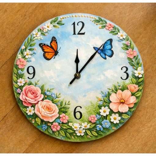 Round Wooden Decorated Clock