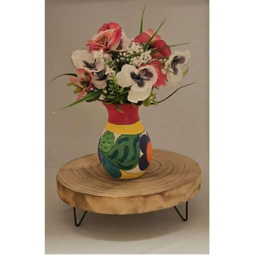 Round Wood Pedestal with Vase and Flowers