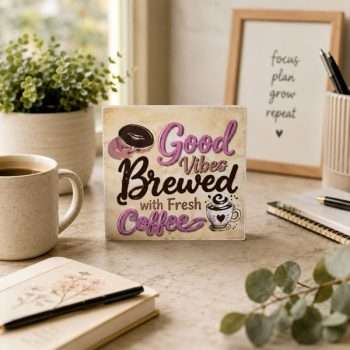 Good Vibes Brewed with Fresh Coffee wooden sign displayed on a cosy home office desk beside a coffee mug, notebook, and decorative plants.