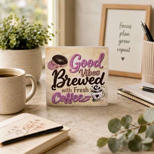 Good Vibes Brewed with Fresh Coffee wooden sign displayed on a cosy home office desk beside a coffee mug, notebook, and decorative plants.
