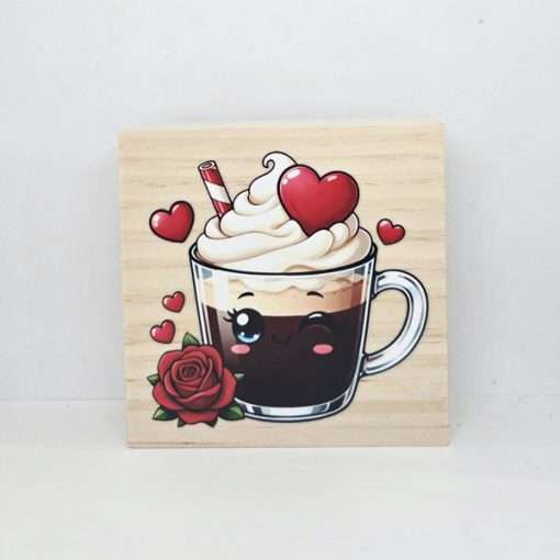 Coffee Hearts and Rose Wooden Desk Sitter - Freestanding Wooden Block Sign / Desk Sitter – 4" x 4" x 1" - Image 2
