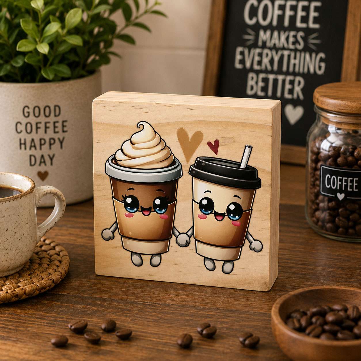 Coffee Cup Sweethearts Sign featuring two cute smiling coffee cups holding hands with hearts above them on a natural pine wooden desk sitter displayed in a cosy coffee bar setting.