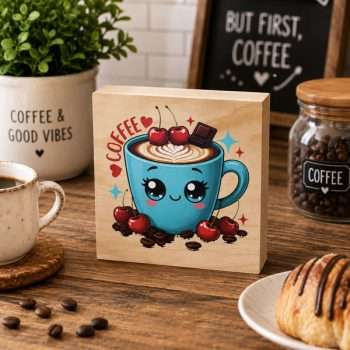Cute Coffee Desk Sitter featuring a smiling blue coffee cup with cherries, chocolate and coffee beans on a natural pine wooden block displayed in a cosy coffee bar setting.