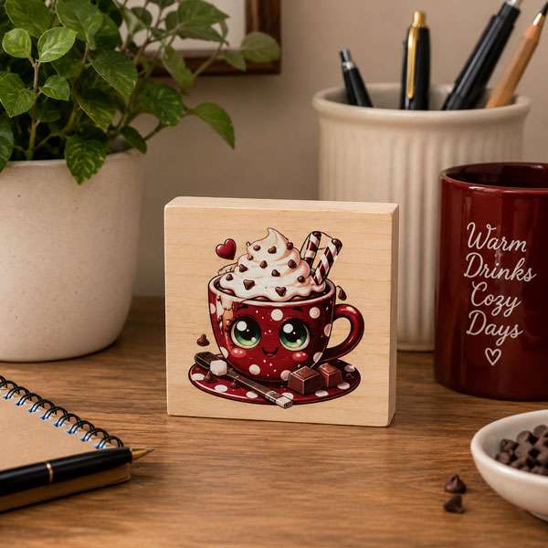 Cute Hot Chocolate Sitter wooden desk sign featuring a red polka-dot cup with whipped cream, chocolate pieces, candy-cane straws and a heart.