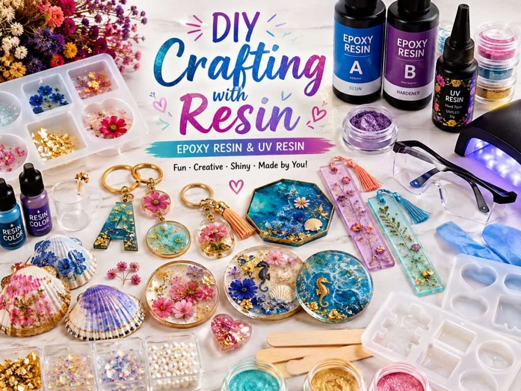 Colourful DIY resin craft projects featuring epoxy and UV resin jewellery, floral pendants, keychains, coasters, bookmarks, decorated shells and crafting supplies.