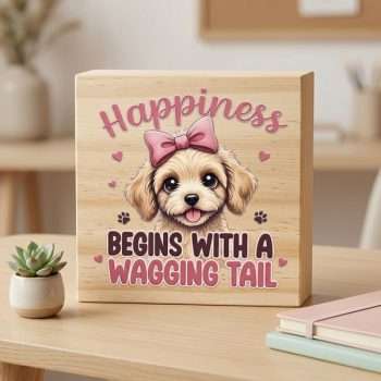 Happiness Begins with a Wagging Tail decorative pine wood desk sitter with dog-themed design