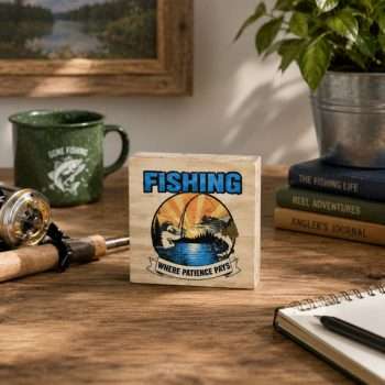 Fishing Where Patience Pays wooden desk sitter sign, 4 x 4 inches, displayed on a rustic wooden desk with fishing accessories and cozy outdoor-inspired décor.