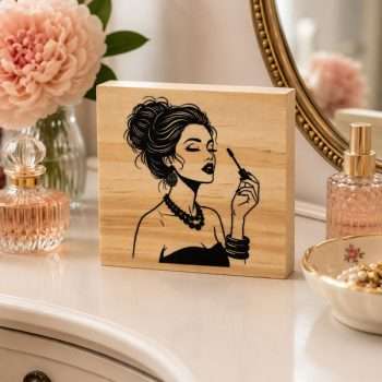 Glamorous Lady Shelf Sitter featuring a black illustration of an elegant woman applying makeup on a natural pine wood block displayed on a dressing table.