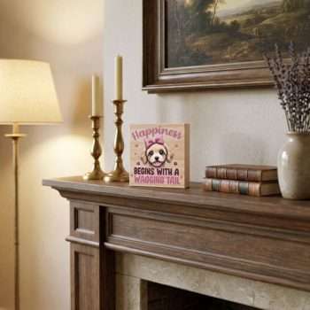 Happiness Begins with a Wagging Tail decorative pine wood desk sitter with dog-themed design