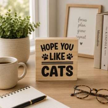 Hope You Like Cats decorative pine wood desk sitter with cat-themed design