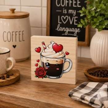Coffee Hearts Rose Sitter wooden desk sign featuring a cute coffee cup with whipped cream, red hearts and a rose, displayed on a kitchen coffee bar.