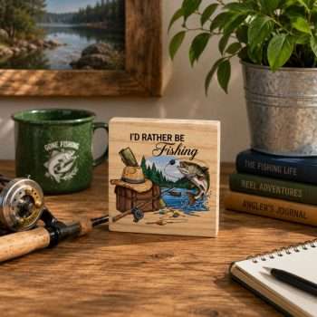 I'd Rather Be Fishing wooden desk sitter sign with leaping fish, fishing rod, tackle and woodland lake design, displayed on a rustic wooden desk.
