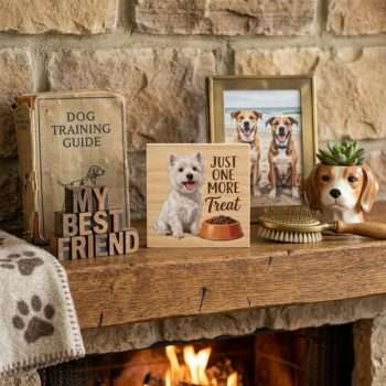 Just One More Treat decorative pine wood desk sitter with dog-themed design