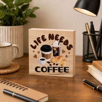 Life Needs Coffee wooden desk sitter sign featuring coffee cups, iced coffee and a croissant on a natural pine block displayed on a cosy home office desk.