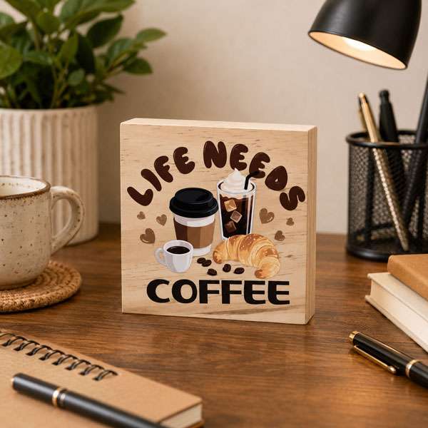 Life Needs Coffee wooden desk sitter sign featuring coffee cups, iced coffee and a croissant on a natural pine block displayed on a cosy home office desk.