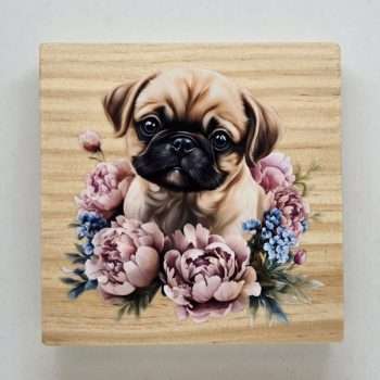 Cute Pug Desk Sitter - decorative pine wood desk sitter with dog-themed design