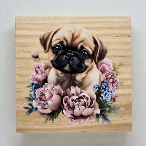 Cute Pug Desk Sitter - decorative pine wood desk sitter with dog-themed design